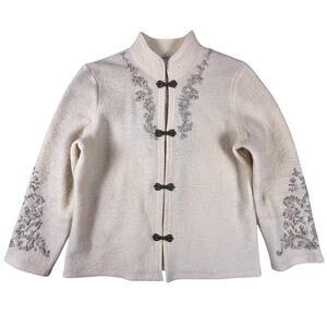 Vintage Coldwater Creek Wool Jacket XL Embroidered Ivory Winter Coat Metal Clasp